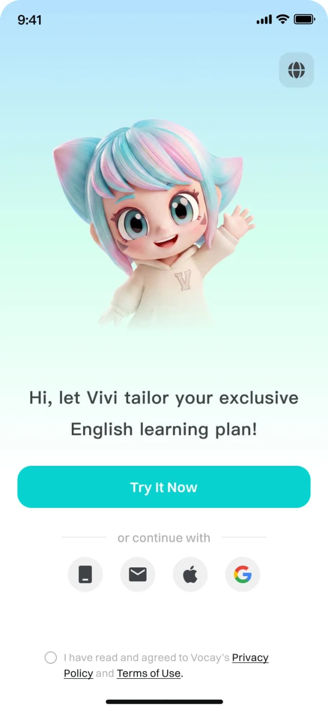 Vocay app home screen